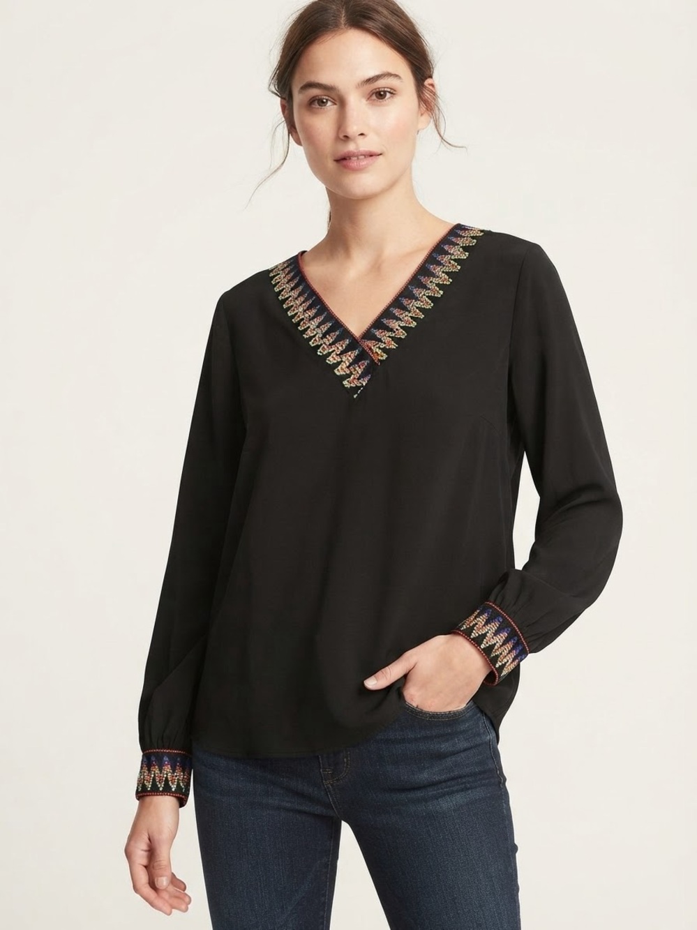 Boho Black V-Neck Tunic/Blouse with Multicolor Embroidered Trim